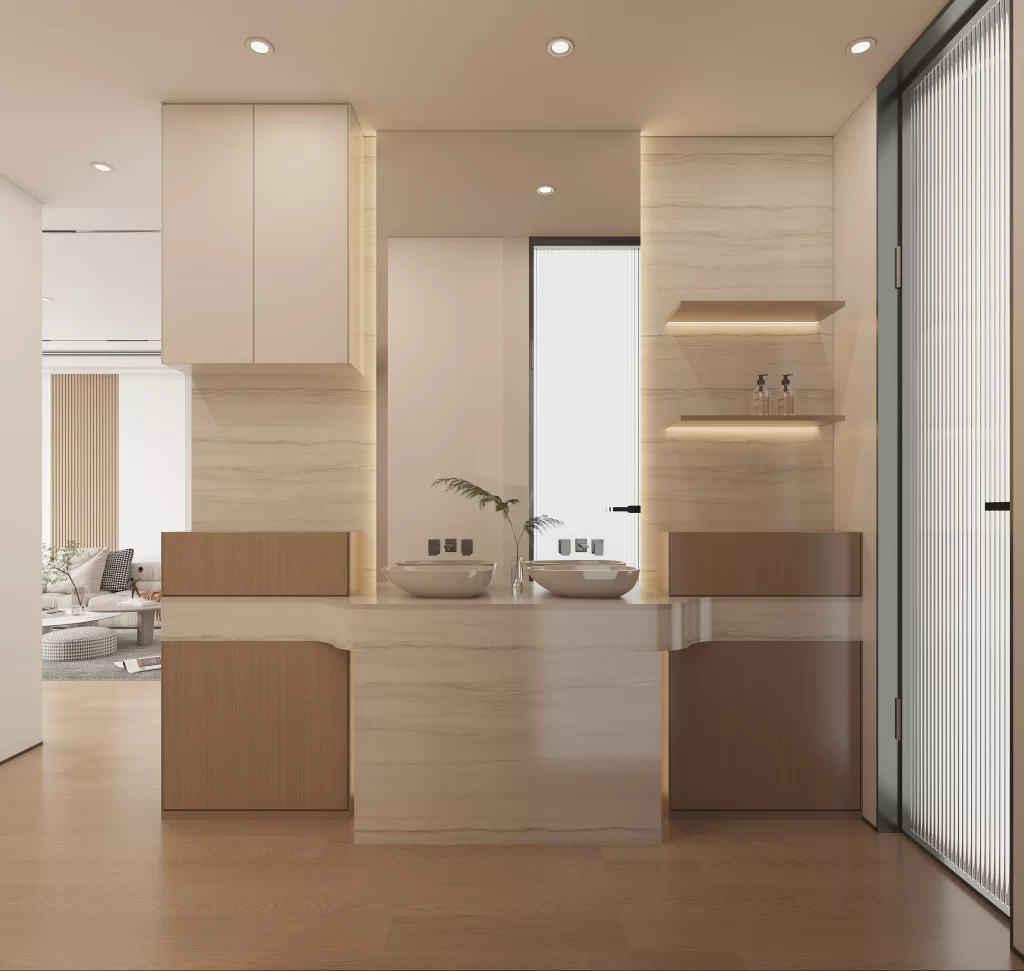 Modern Bathroom Minimalist Wooden Neutral Tones Sleek Design Serene Ambiance