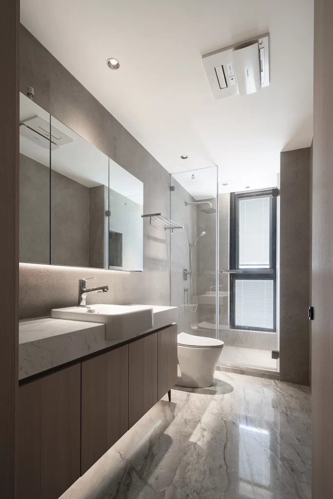 Modern Bathroom White Sink Marble Floor Neutral Tones