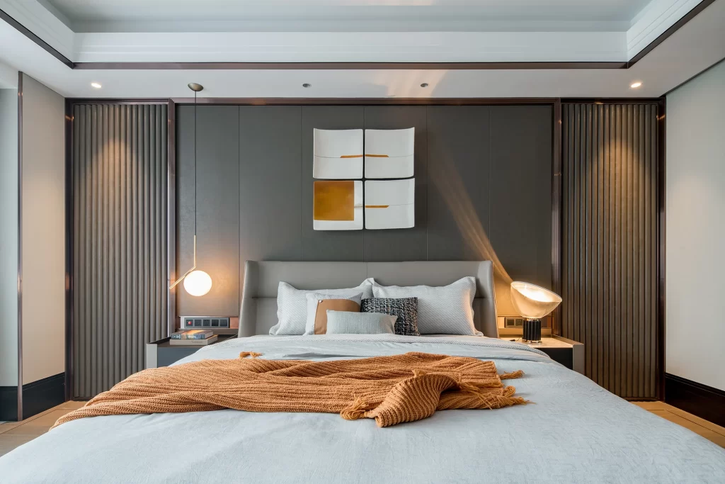 Modern Bedroom Gray Bed Orange Throw