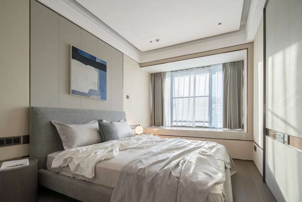 Modern Bedroom Grey Bed White Curtains Neutral Colors