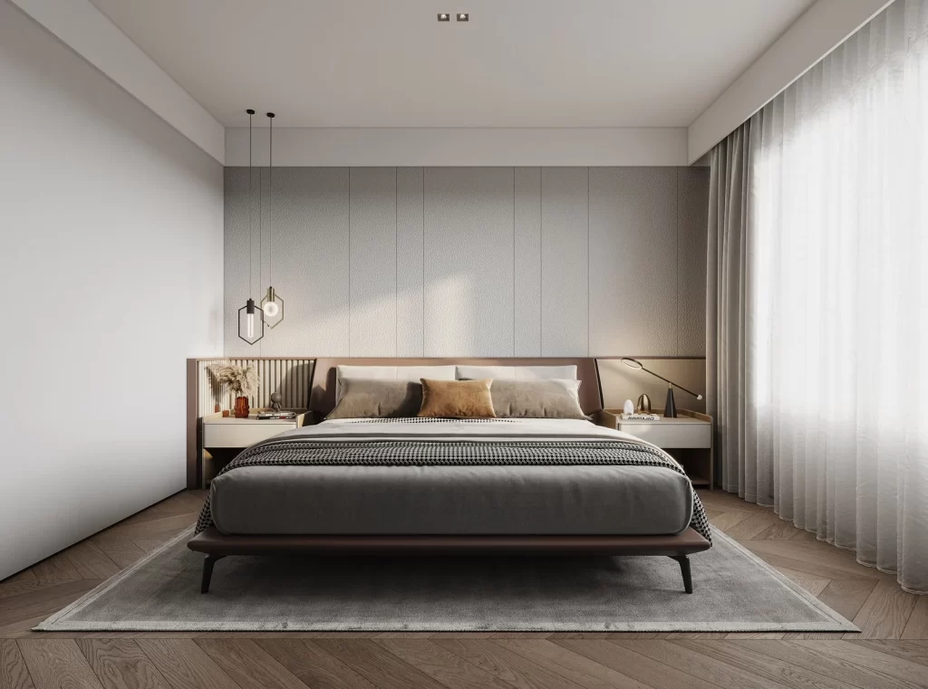 Modern Bedroom King Size Bed Neutral Tones Wooden Floor Minimalist