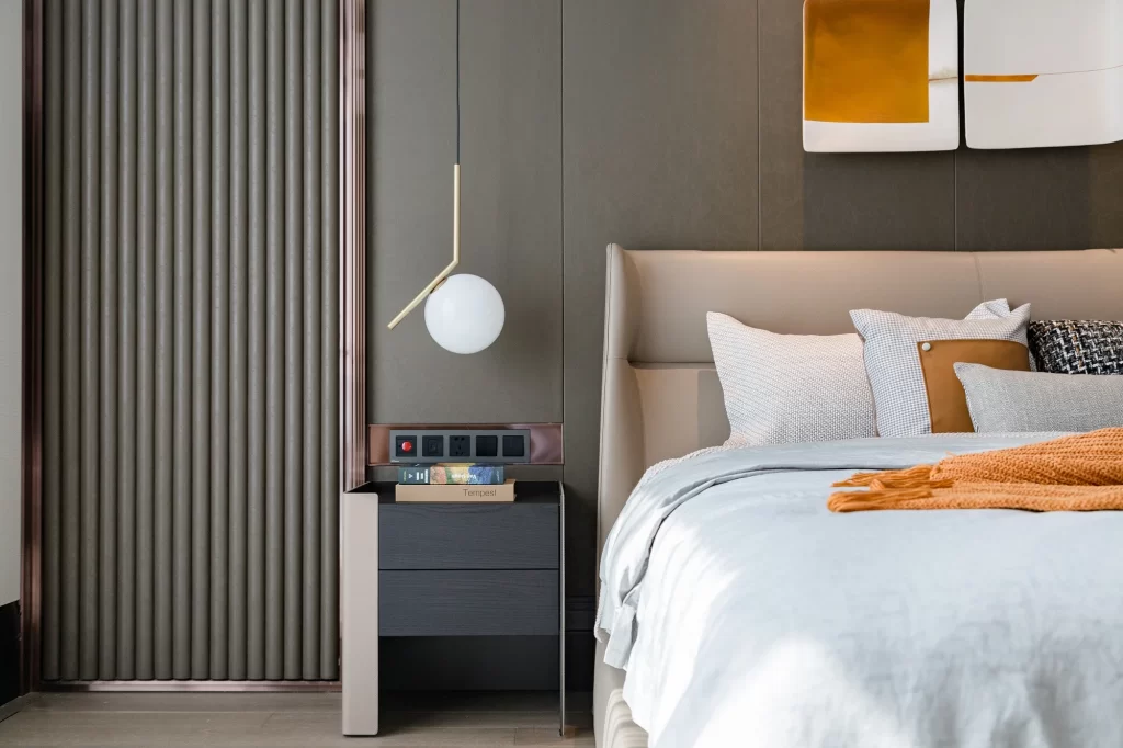 Modern Bedroom Minimalist Neutral Tones Cozy Pendant Light Textured Wall