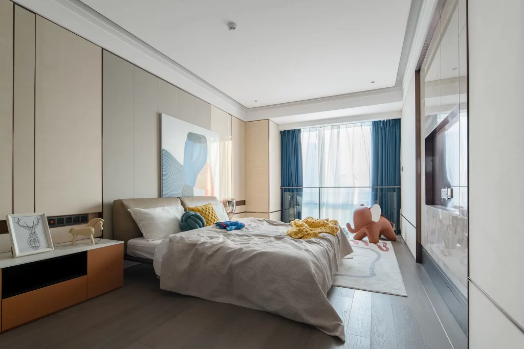 Modern Bedroom Taupe Bed Blue Curtains Neutral Palette