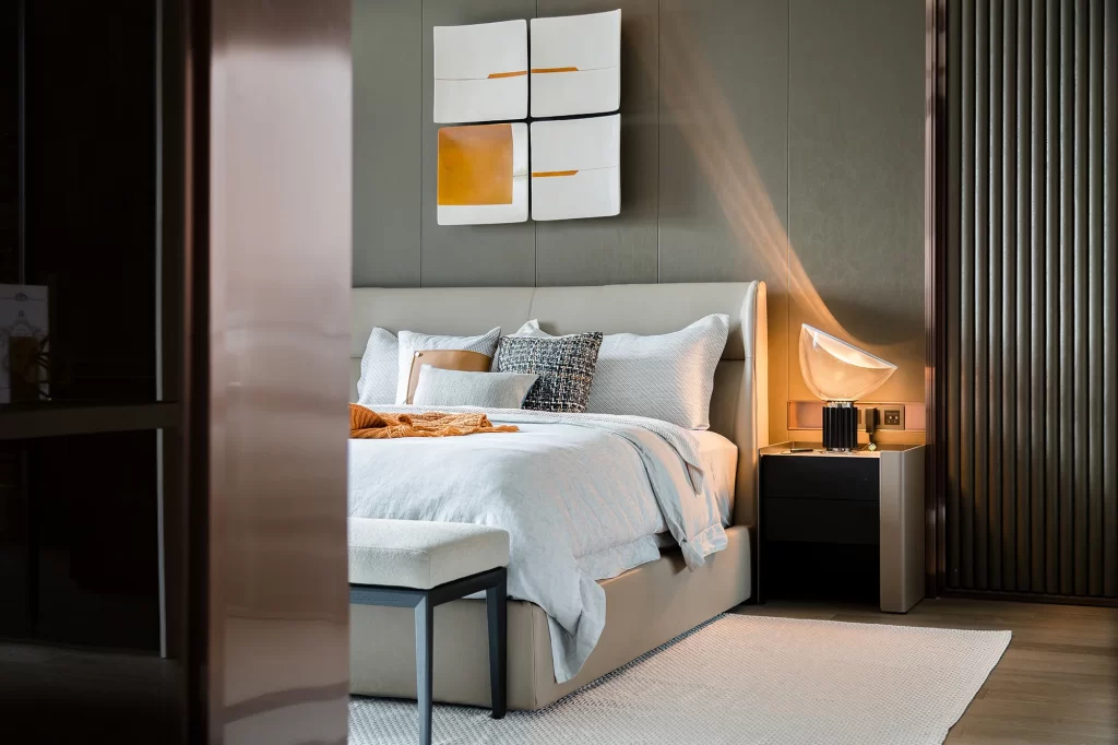 Modern Bedroom White Bedside Table Neutral Color Palette
