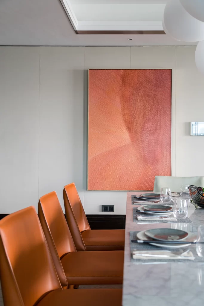 Modern Dining Room Orange Chairs Reddish-Orange Artwork