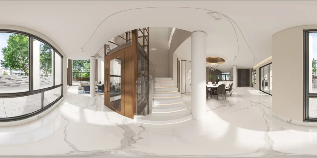 Modern Interior Marble Flooring Staircase Elevator Dining Area Natural Light