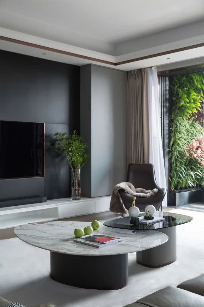Modern Living Room Black Leather Chair White Marble Coffee Table