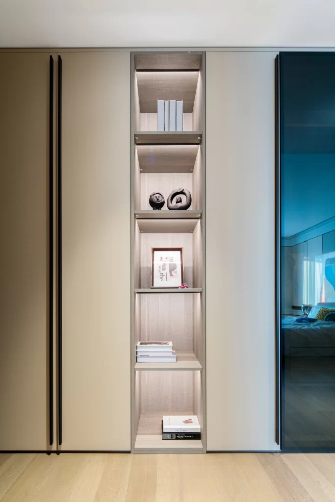 Modern Minimalist Bedroom Beige Shelving Neutral Tones
