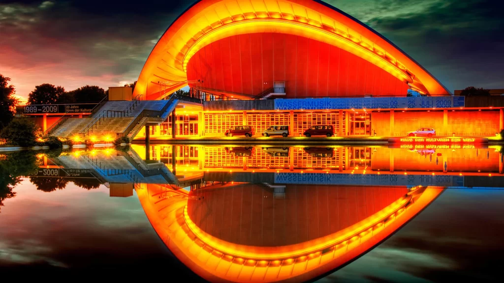 Modern Architecture Vibrant Colors Reflection Water Sunset Contemporary Design
