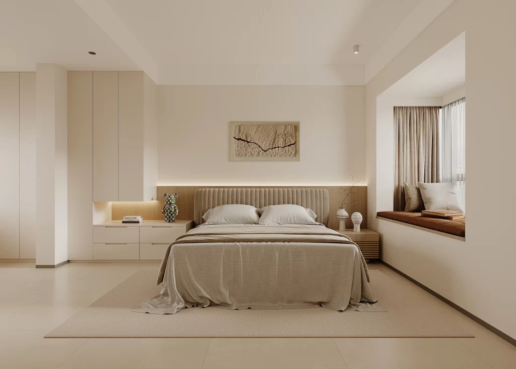 Modern bed nightstand beige minimalist.