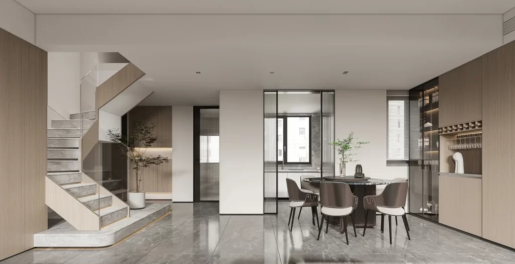 Modern dining table chairs beige gray minimalist.