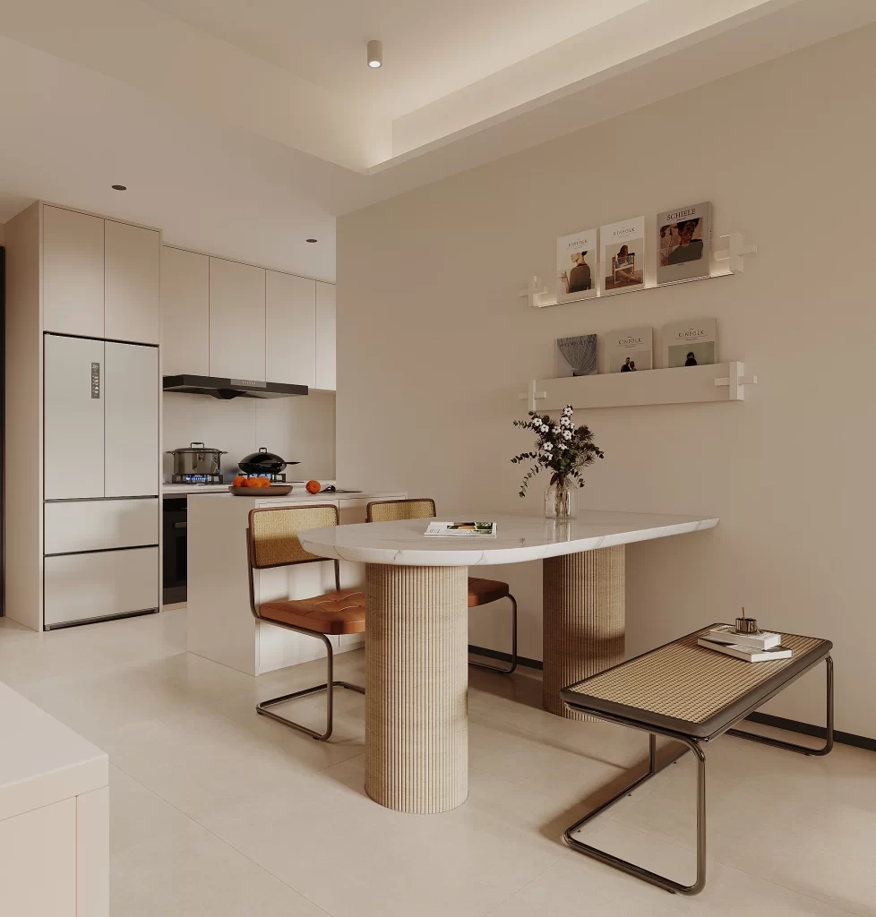 Modern dining table chairs bench white beige minimalist.