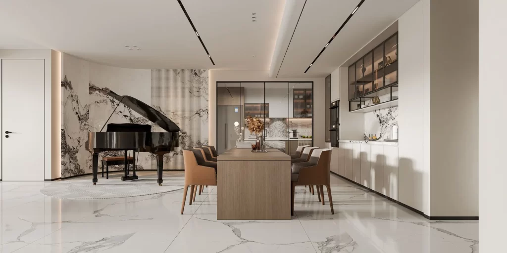 Modern dining table chairs piano white beige minimalist.