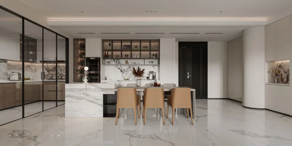 Modern dining table chairs white brown minimalist.