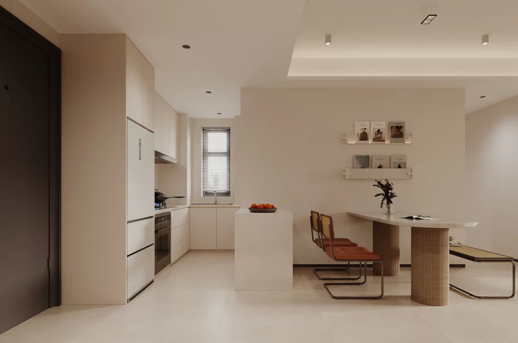 Modern minimalist neutral tones sleek lines.