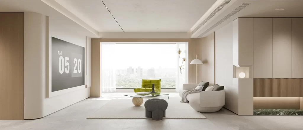 Modern sofa chair glass table green beige minimalist.