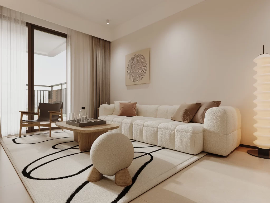 Modern sofa chair table beige brown minimalist.
