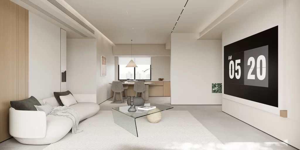 Modern sofa glass table neutral tones minimalist.