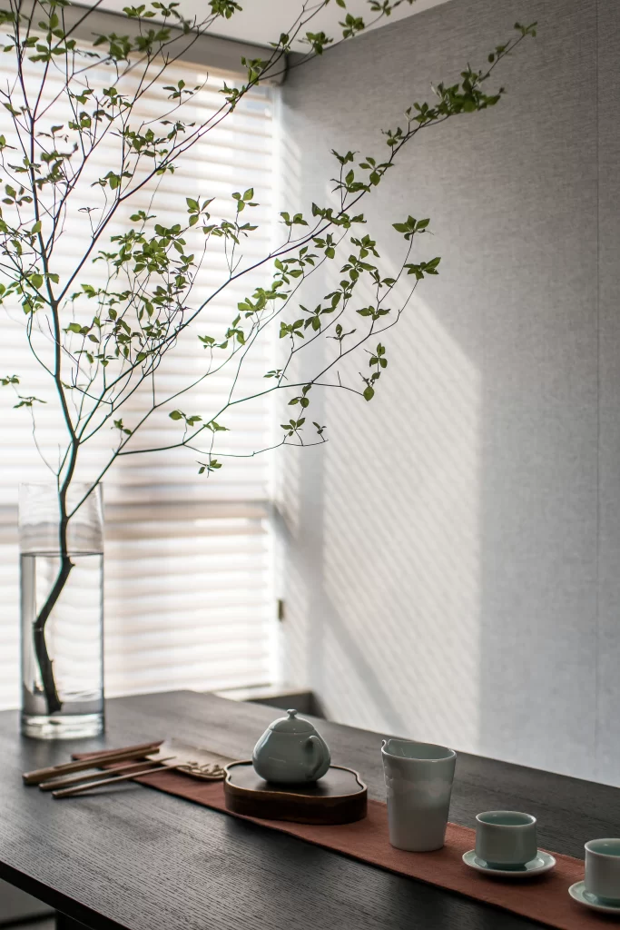 Modern wooden table neutral tones minimalist.