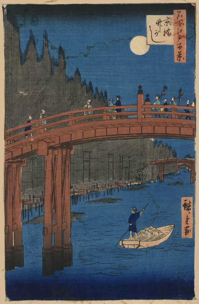 Moon Bridge Night River People Boat