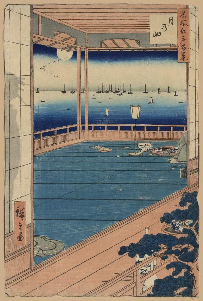 Moon Night Sea Boats Lanterns Traditional Architecture