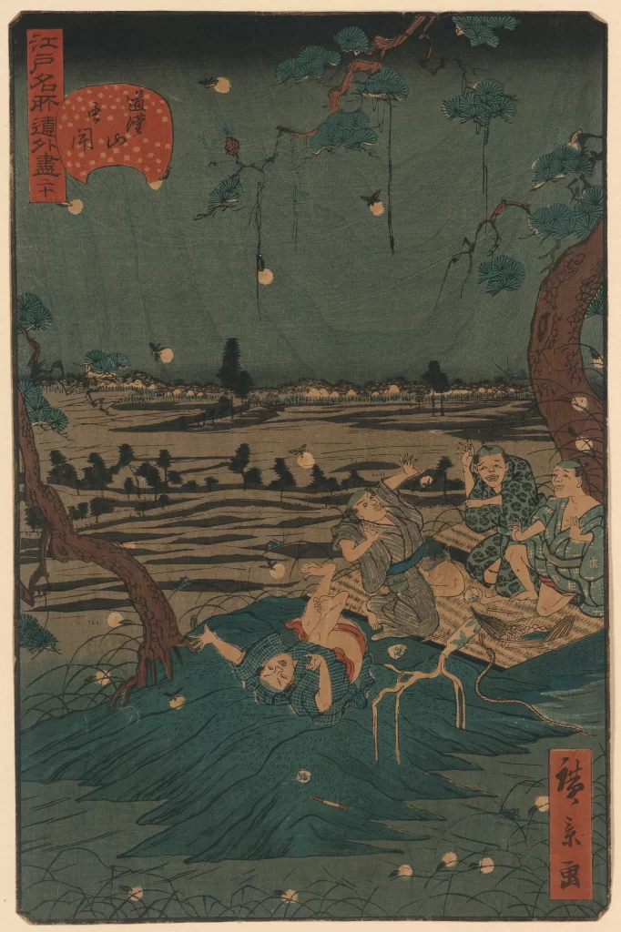 Moonlight Traditional Attire Landscape Trees Serene Japanese Culture