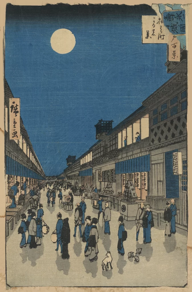 Moonlit Street Traditional Attire Market Scene Wooden Architecture Edo Period Ukiyo-e Art