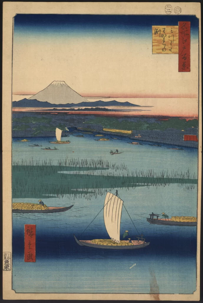 Mount Fuji Boats River Reeds Landscape Traditional Japan