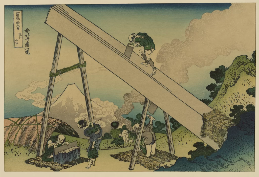 Mount Fuji Carpenters Sawing Traditional Attire Rural Landscape