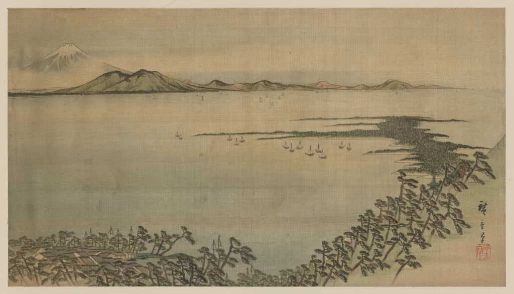Mount Fuji Landscape Boats Pine Trees Traditional Art