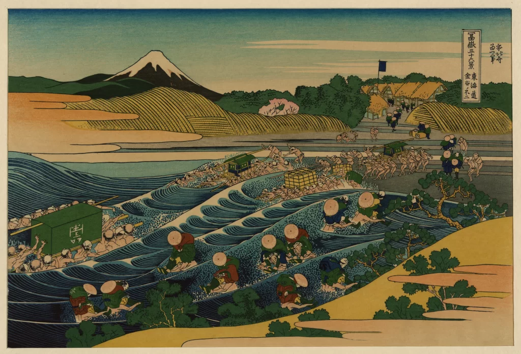 Mount Fuji River People Boats Traditional Clothing Landscape