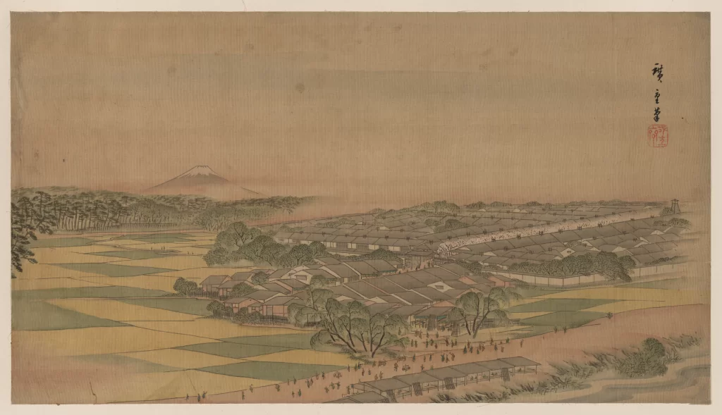 Mount Fuji Rural Landscape Traditional Houses Fields Trees People