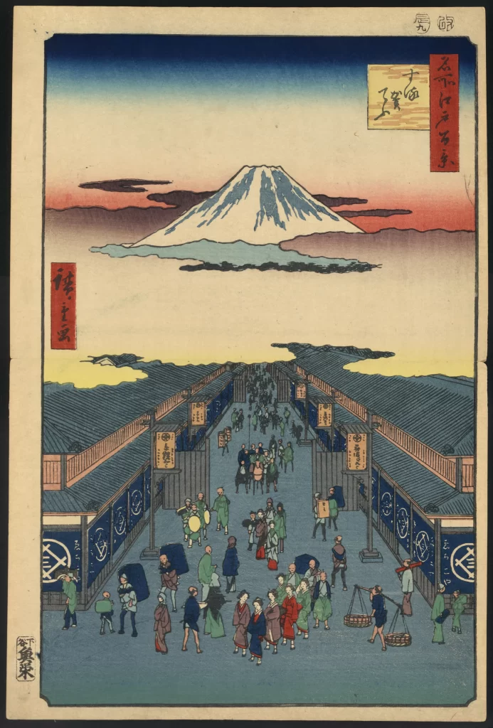 Mount Fuji Street Scene Traditional Attire Market Edo Period Ukiyo-e