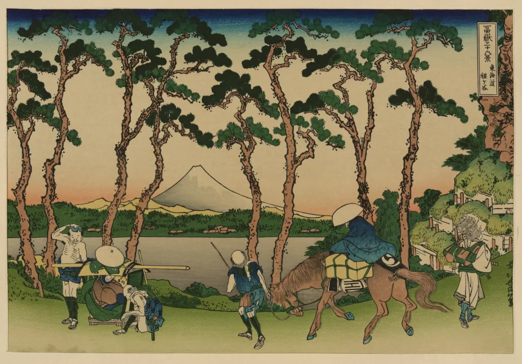 Mount Fuji Travelers Pine Trees Landscape Traditional Attire Horse