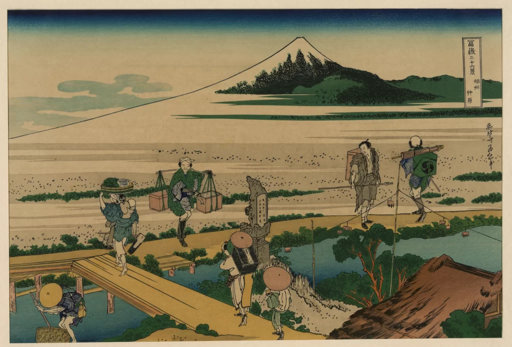 Mount Fuji Travelers Traditional Japanese Landscape Bridge River