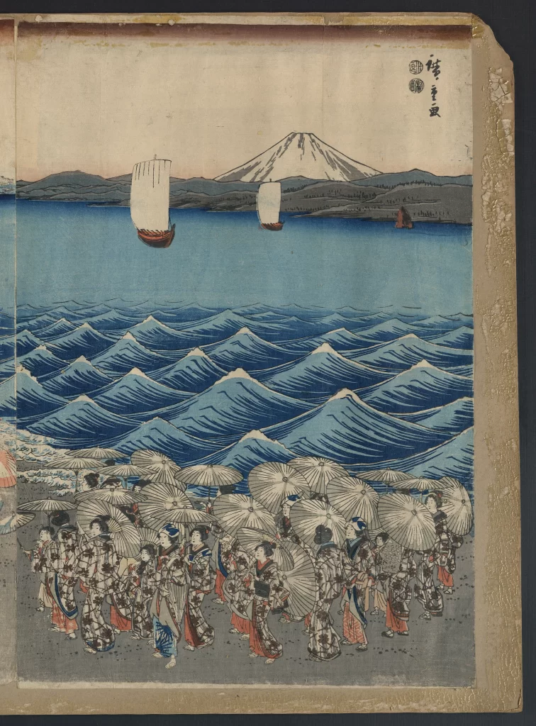 Mount Fuji Waves Boats Umbrellas Traditional Clothing