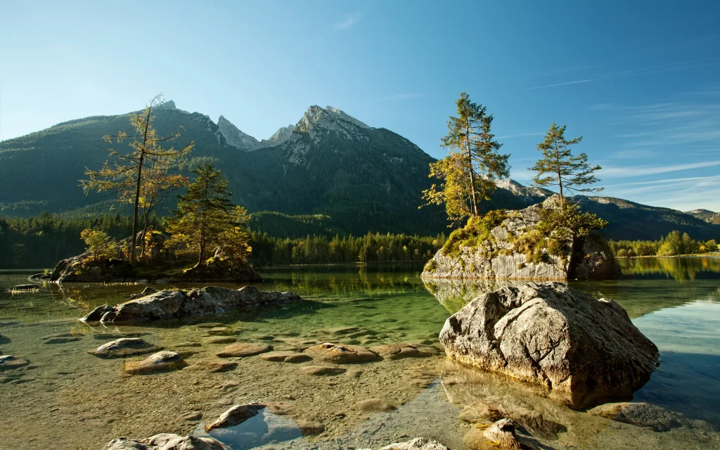 Mountain Lake Clear Water Rocks Trees Reflection