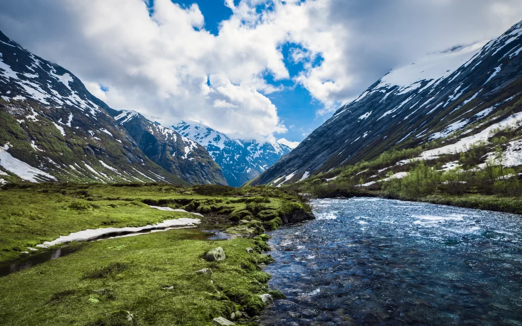 Mountain River Snow Greenery Blue Sky Clouds