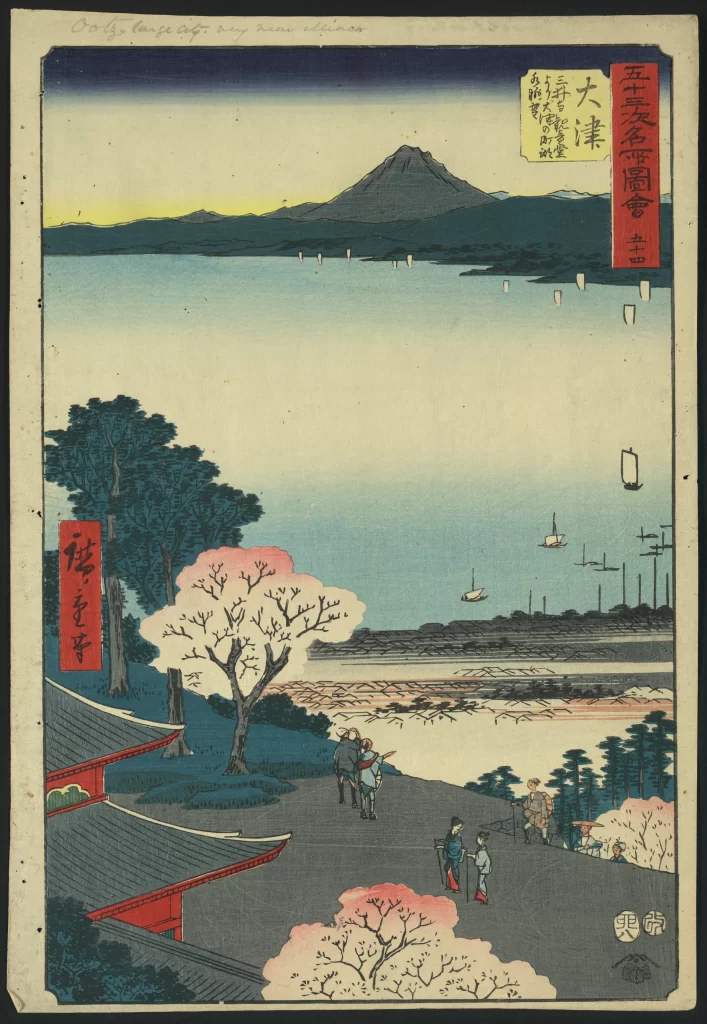 Mountains Water Cherry Blossoms Traditional Architecture People