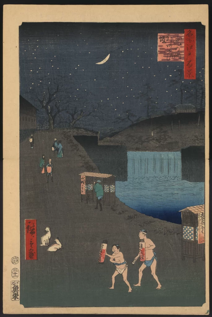 Night Scene Crescent Moon Stars Riverbank Sumo Wrestlers Traditional Attire