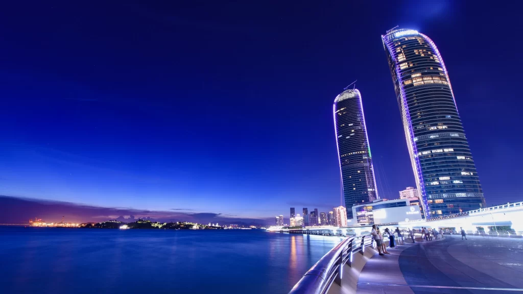 Night Skyline Cityscape Waterfront Skyscrapers