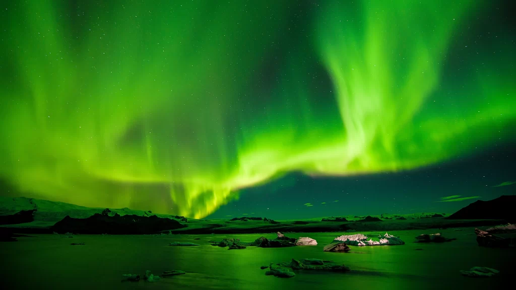 Northern Lights Snowy Landscape Icebergs Stars Night Sky
