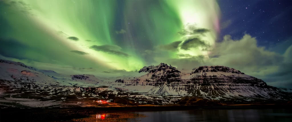 Northern Lights Mountains Snow Night Reflection Stars