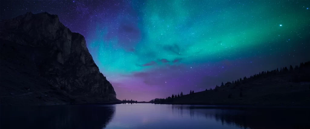 Northern Lights Night Sky Stars Lake Mountains Reflection