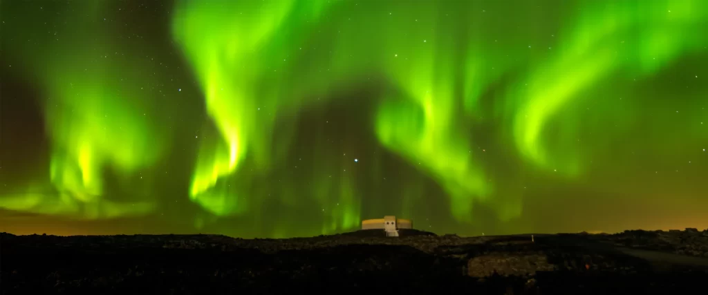 Northern Lights Green Stars Night Sky Landscape Building
