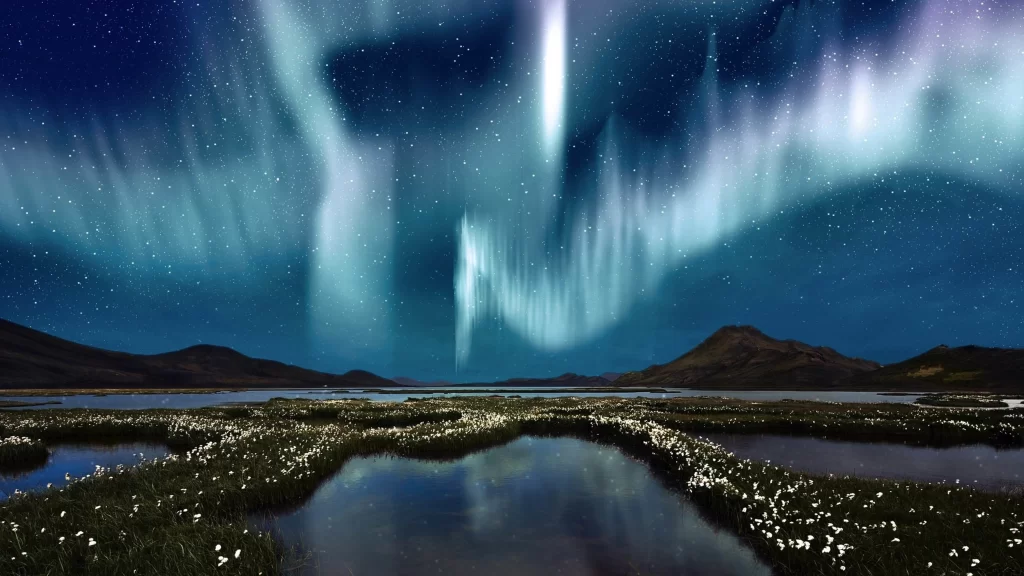 Northern Lights Night Sky Stars Mountains Water Reflection
