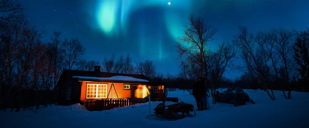 Northern Lights Snowy Landscape Cabin Trees Night Sky Aurora