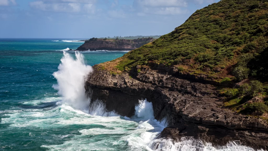 Ocean Waves Rocky Coastline Greenery Blue Sky White Clouds Natural Beauty