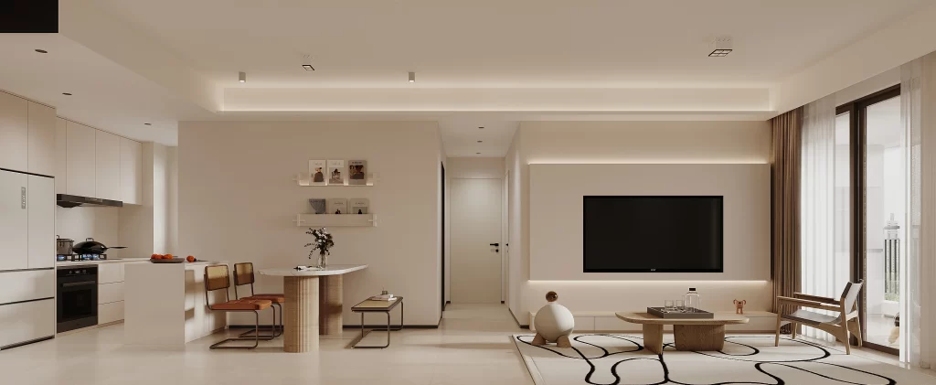 Open Concept Living Space Dining Table Wooden Chairs Neutral Tones Contemporary
