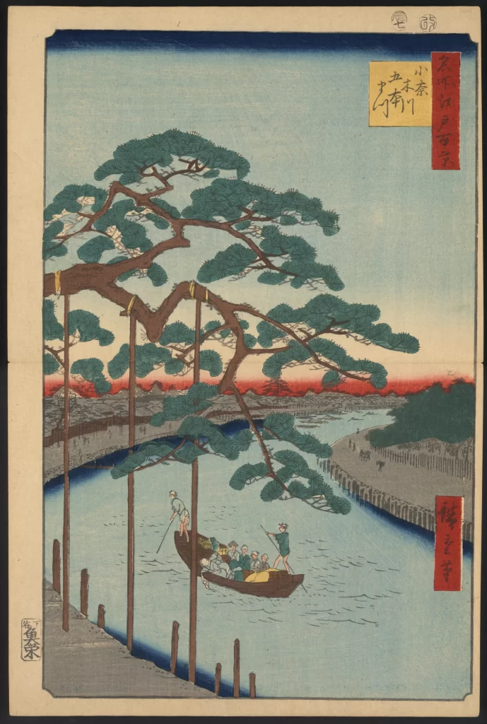 Pine Tree River Boat People Sunset Landscape